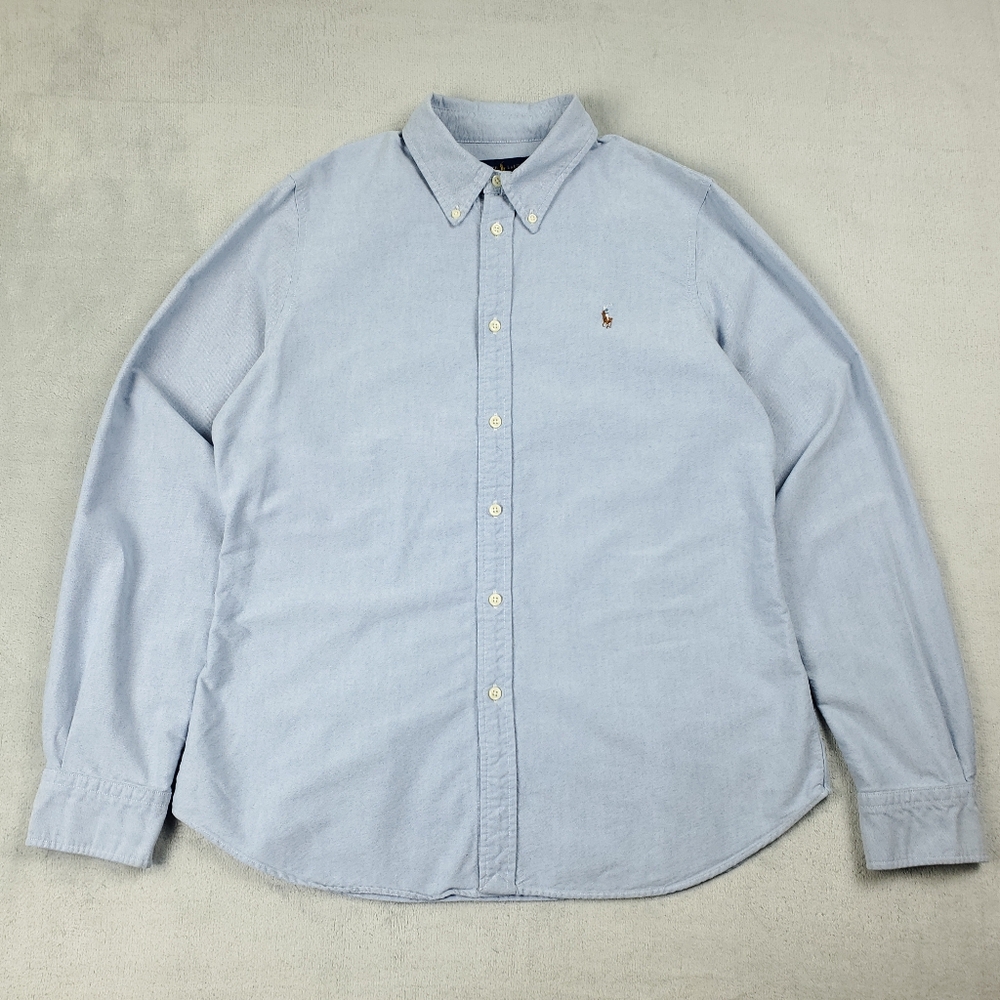 Ralph Lauren Knit Oxford Shirt Womens XL Button Down Pique Preppy Pony Logo Blue